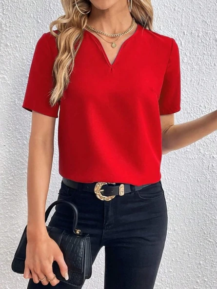 Kadın Kısa Kollu V Yakalı Ithal Krep Elbise - Resim 3