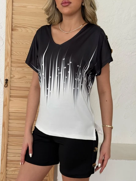 Kadın V Yaka Kısa Kol Kenarları Minik Yırtmaç Detaylı Dalgıç Bluz + Düğme Detaylı Dalgıç şort - Resim 2