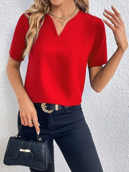 Kadın Kısa Kollu V Yakalı Ithal Krep Elbise ürün görseli