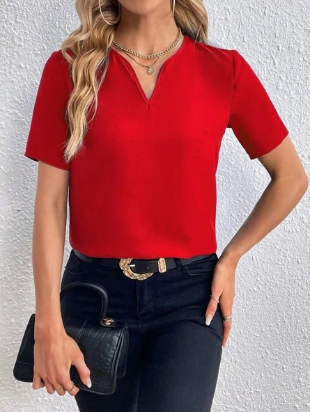 Kadın Kısa Kollu V Yakalı Ithal Krep Elbise - Resim 7