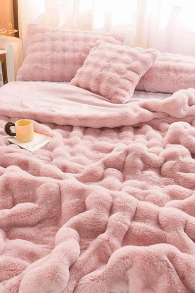 Tomris Tavşan Tüyü Çift Kişilik Yatak Örtüsü 220x240 Cm Pudra ürün görseli