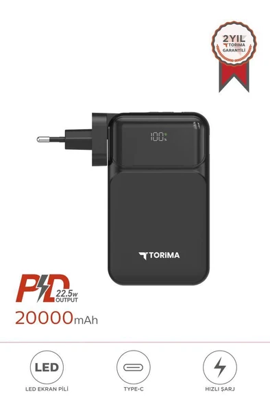 Torima TRM-1027 Siyah 20000 mAh Type-C + Lightning + USB  Taşınabilir 22,5 W Hızlı Şarj Dijital Göstergeli Powerbank - 1