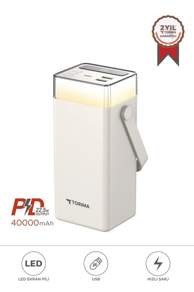 Torima TRM-1041 Beyaz 40000 mAh Type-C + Lightning + USB  Taşınabilir 22,5 W Hızlı Şarj Dijital Göstergeli RGB Led Işıklı Powerbank ürün görseli
