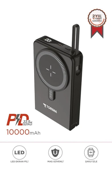 Torima TRM-1019 Siyah 10000 mAh  Mag Safe Type-C  + USB  Kablolu-Kablosuz Taşınabilir 22,5 W Hızlı Şarj Dijital Göstergeli Powerbank ürün görseli