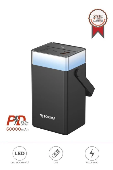 Torima TRM-1061 Siyah 60.000 mAh Type-C + Lightning + USB  Taşınabilir 22,5 W Hızlı Şarj Dijital Göstergeli RGB Led Işıklı Powerbank ürün görseli
