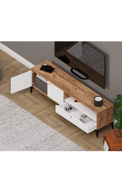 Alfimo Mobilya NOVA 2 KAPAKLI ÇEKMECELİ TV ÜNİTESİ CEVİZ&BEYAZ - 3