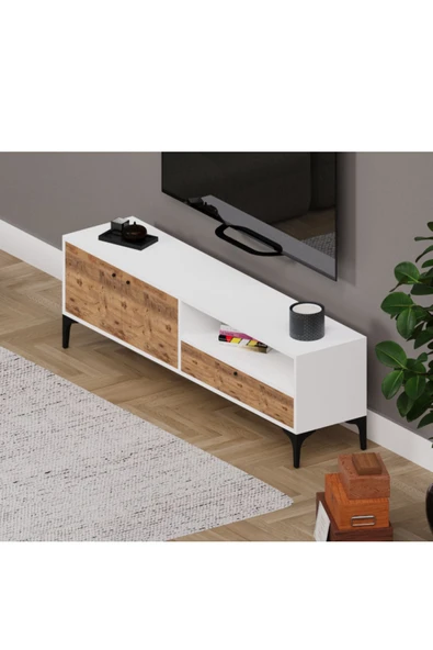 Alfimo Mobilya NOVA 2 KAPAKLI ÇEKMECELİ TV ÜNİTESİ BEYAZ&CEVİZ
