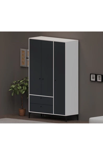 Alfimo Mobilya BOHEM 3 KAPAKLI BEYAZ GÖVDE ANTRASİT KAPAKLI ÇOK AMAÇLI DOLAP
