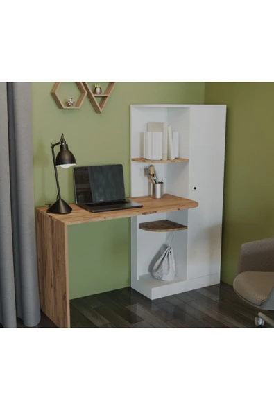 Alfimo Mobilya WANDA KİTAPLIKLI RAFLI BEYAZ ÇALIŞMA MASASI