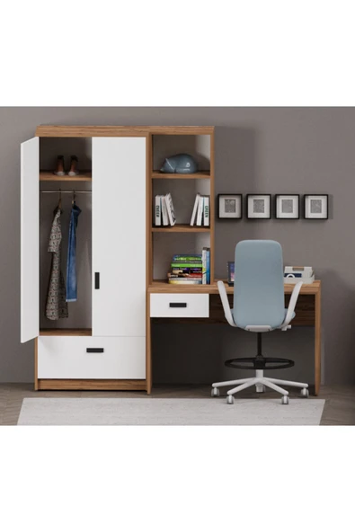 Alfimo Mobilya ESSENZA KİTAPLIKLI ÇALIŞMA MASASI VE 2 KAPAKLI DOLAP SETİ CEVİZ GÖVDE BEYAZ KAPAK - 2