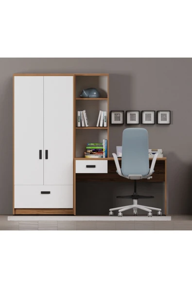 Alfimo Mobilya ESSENZA KİTAPLIKLI ÇALIŞMA MASASI VE 2 KAPAKLI DOLAP SETİ CEVİZ GÖVDE BEYAZ KAPAK