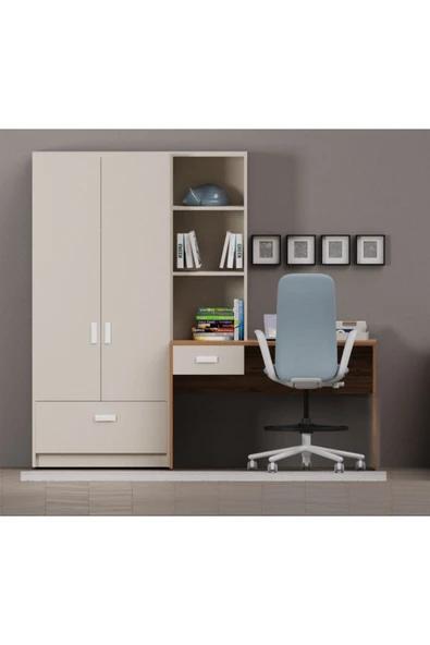 Alfimo Mobilya ESSENZA KİTAPLIKLI ÇALIŞMA MASASI VE 2 KAPAKLI DOLAP SETİ KUMBEJİ GÖVDE CEVİZ MASA