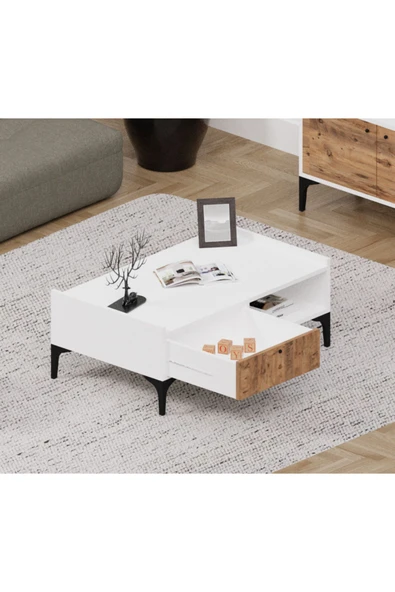 Alfimo Mobilya ODION ORTA SEHPA -MODERN BEYAZ&CEVİZ RENK SALON SEHPASI - 3