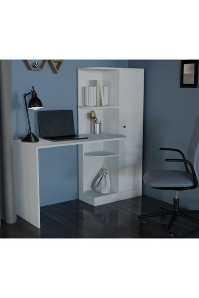Alfimo Mobilya WANDA KİTAPLIKLI RAFLI BEYAZ ÇALIŞMA MASASI