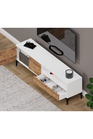 Alfimo Mobilya NOVA 2 KAPAKLI ÇEKMECELİ TV ÜNİTESİ BEYAZ&CEVİZ - 3
