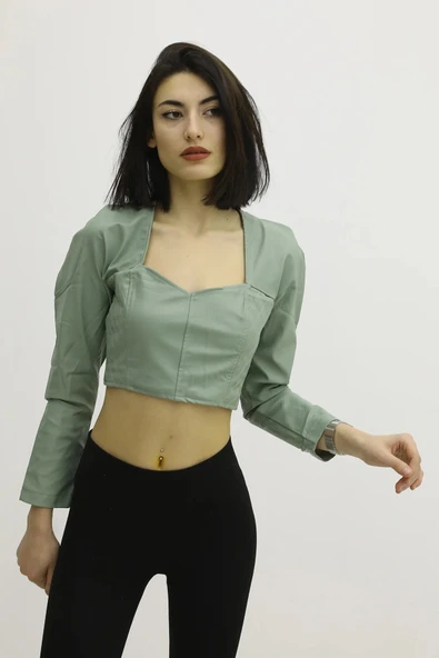 Sırt Lastikli Dekolteli Deri Bluz Yeşil - P-019690 ürün görseli