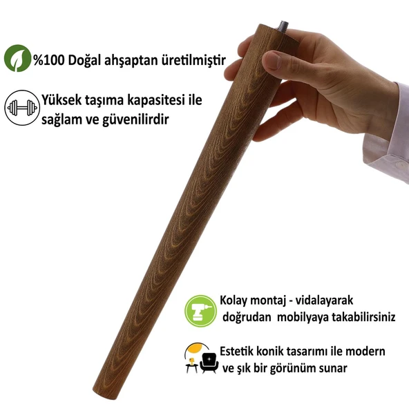 Ahşap Ayak 50 Cm Ceviz M8 Civatalı Bağlantı Aparatlı Dolap Mobilya Koltuk Kanepe Destek Ayağı Ayakları - 3
