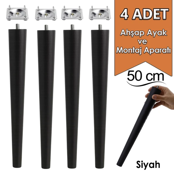 4 Adet Ahşap Ayak 50 Cm Siyah M8 Civatalı Bağlantı Aparatlı Mobilya Tabure Sehpa Masa Destek Ayağı ürün görseli