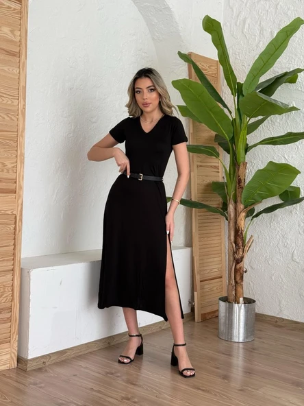 Kadın Kısa Kollu V Yaka Maxi Boy Elbise 124 Cm ürün görseli