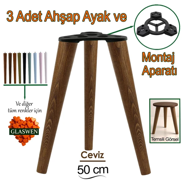 3 Adet Ahşap Ayak 50 Cm Ceviz M8 Civatalı Bağlantı Aparatlı Mobilya Tabure Sehpa Masa Destek Ayağı ürün görseli 1