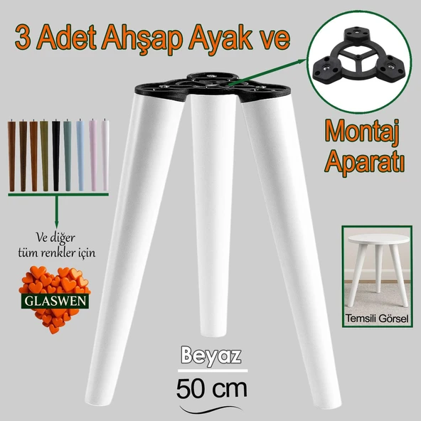 3 Adet Ahşap Ayak 50 Cm Beyaz M8 Civatalı Bağlantı Aparatlı Mobilya Tabure Sehpa Masa Destek Ayağı ürün görseli 1