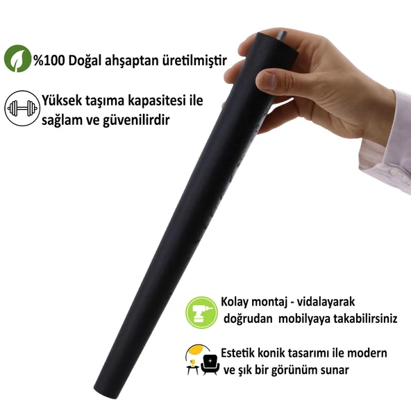 4 Adet Ahşap Ayak 50 Cm Siyah M8 Civatalı Bağlantı Aparatlı Mobilya Tabure Sehpa Masa Destek Ayağı - Resim 3