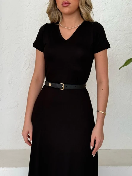 Kadın Kısa Kollu V Yaka Maxi Boy Elbise 124 Cm - Resim 4