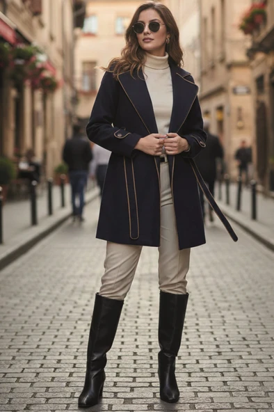 Özel Tasarım Kaşe Kadın Şık Yaka Kaban ve Kemer - Resim 2