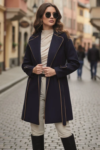 Özel Tasarım Kaşe Kadın Şık Yaka Kaban ve Kemer ürün görseli 1