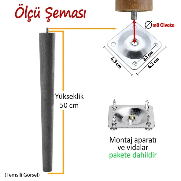 3 Adet Ahşap Ayak 50 Cm Açık Mavi M8 Civatalı Bağlantı Aparatlı Mobilya Tabure Sehpa Masa Destek Ayağı - Resim 2