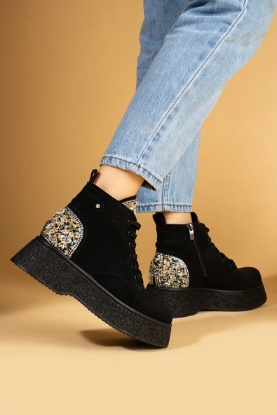 Pembe Potin Taş Detaylı Kalın Taban Bağcıklı & Fermuarlı Kadın Bot 59-906-24Süet - Resim 6