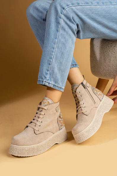 Pembe Potin Taş Detaylı Kalın Taban Bağcıklı & Fermuarlı Kadın Bot 59-906-24Süet - Resim 3