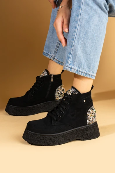 Pembe Potin Taş Detaylı Kalın Taban Bağcıklı & Fermuarlı Kadın Bot 59-906-24Süet - Resim 2