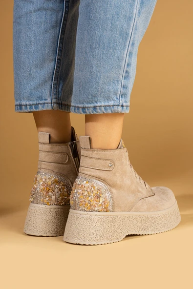 Pembe Potin Taş Detaylı Kalın Taban Bağcıklı & Fermuarlı Kadın Bot 59-906-24Süet - Resim 5