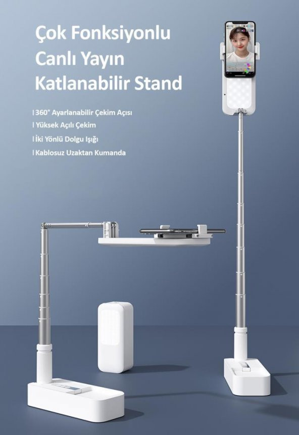 Usams US-ZB209 Online Ders ve Yayın için Ledli,Monopodlu,Kumandalı,Şarjlı Taşınabilir Telefon Standı - 6