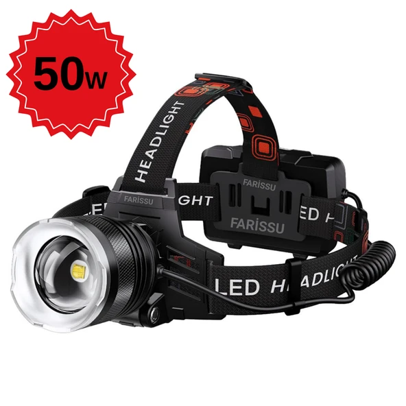 SMALL SUN 50W 1500 Lümen 1 KM Menzilli USB Şarjlı, Zoom Özellikli Kafa Feneri