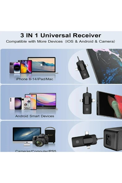 Plentiful Kablosuz Tekli Yaka Mikrofonu 3.5mm Aux iPhone Type-C PC Tablet Video Ses Kayıt Vlog USB C ve Amfi - 6