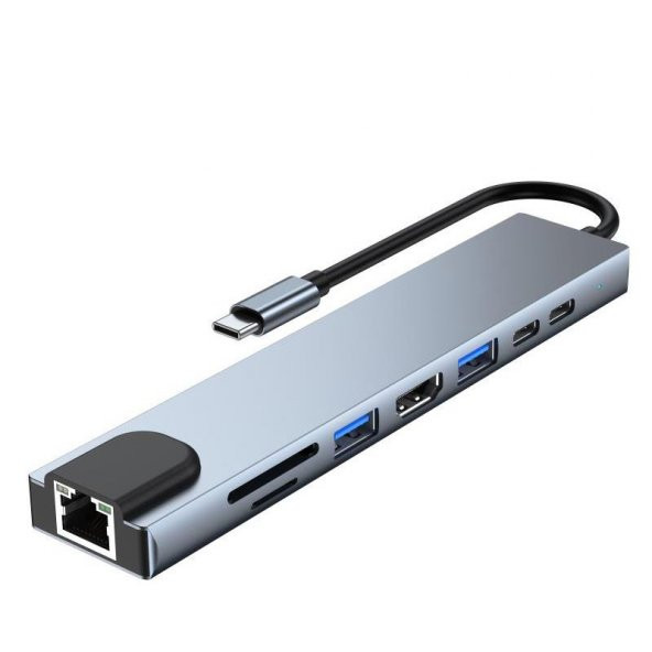 PrimeX PX-U520 4K30Hz Gri Metal Type-C to 4K HDMI+USB 3.0+RJ45+SD Kart+PD şarj Çevirici Adaptör