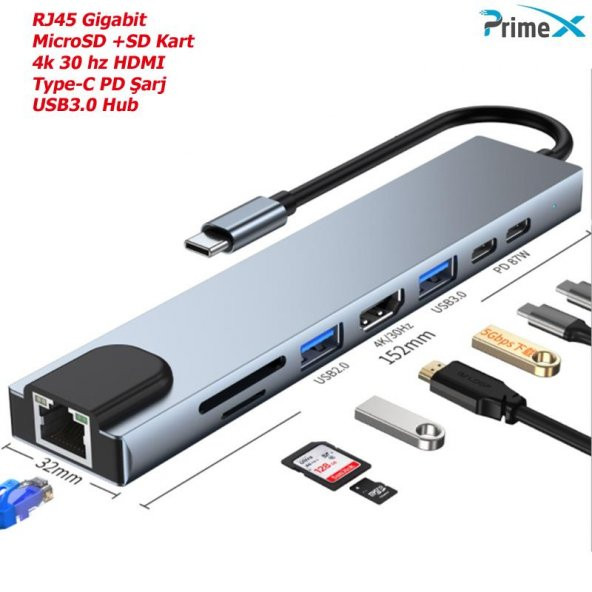 PrimeX PX-U520 4K30Hz Gri Metal Type-C to 4K HDMI+USB 3.0+RJ45+SD Kart+PD şarj Çevirici Adaptör - 2