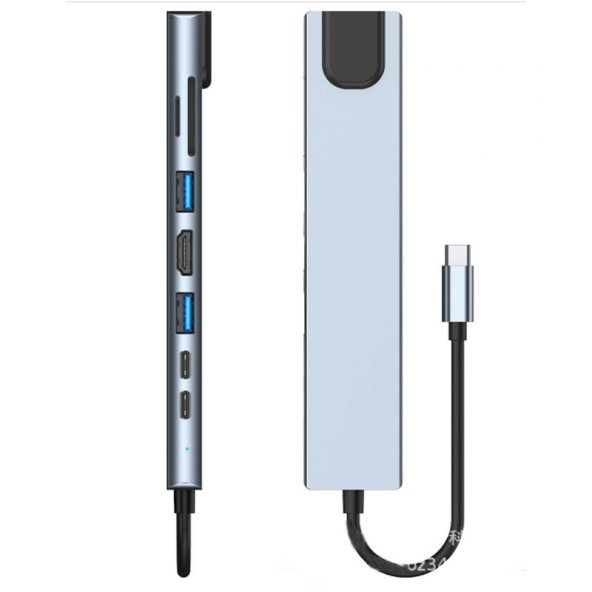 PrimeX PX-U520 4K30Hz Gri Metal Type-C to 4K HDMI+USB 3.0+RJ45+SD Kart+PD şarj Çevirici Adaptör - 4