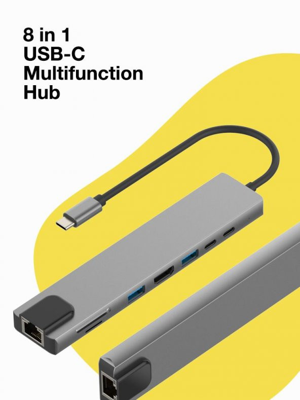 PrimeX PX-U520 4K30Hz Gri Metal Type-C to 4K HDMI+USB 3.0+RJ45+SD Kart+PD şarj Çevirici Adaptör - 7