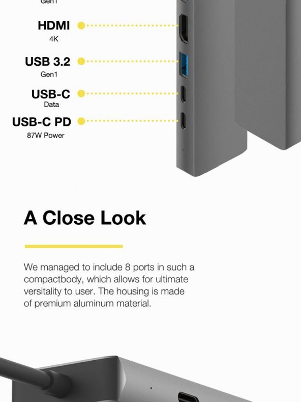 PrimeX PX-U520 4K30Hz Gri Metal Type-C to 4K HDMI+USB 3.0+RJ45+SD Kart+PD şarj Çevirici Adaptör - 8