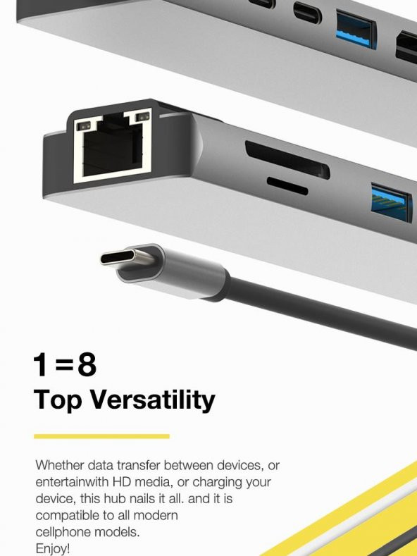 PrimeX PX-U520 4K30Hz Gri Metal Type-C to 4K HDMI+USB 3.0+RJ45+SD Kart+PD şarj Çevirici Adaptör - 9