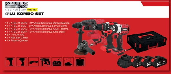 ATTLAS A0104171 ATB 21 4'LÜ KÖMÜRSÜZ KOMBO SET (MATKAP - TAŞLAMA - KIRICI DELİCİ - SOMUN SIKMA)