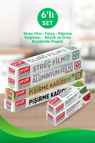 6 Lı Eko Paket- Pişirme Kağıtları, Alüminyum Folyo, Streç Film, Orta ve Büyük Boy Buzdolabı Poşeti - 1