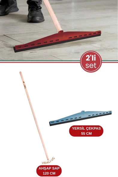 2’li Yersil ve Ağaç Sapı Temzlik Seti, Çekpas Çekçek Çeksil Yersil 55cm + Vidalı Ağaç Sap 120cm - 1