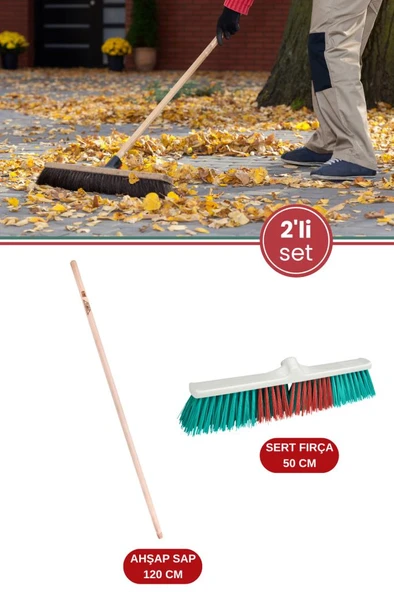 Dış Mekan Fırça ve Sap Temizlik Set, Bahçe Yaprak Moloz Süpürme Fırçası 50cm + Vidalı Ağaç Sap 120cm ürün görseli 1