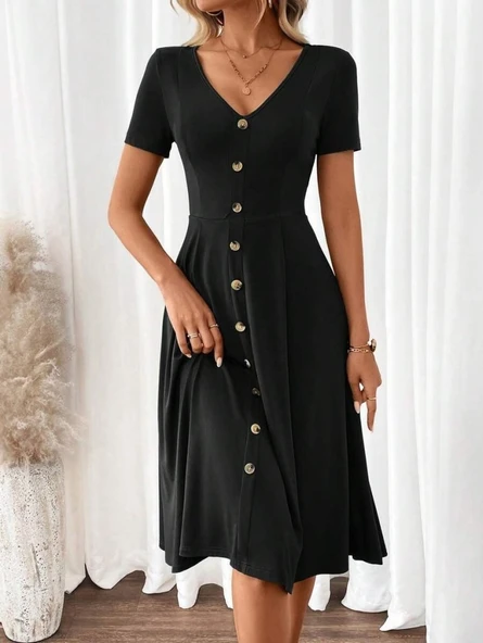 Kadın Kısa Kollu V Yakalı önden Düğmeli A Kesim Dokuma Elbise - Resim 5