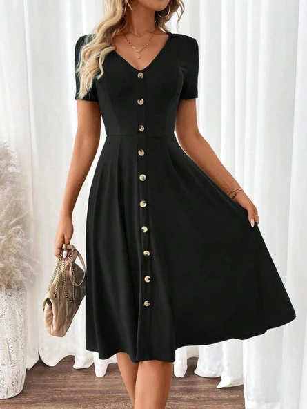 Kadın Kısa Kollu V Yakalı önden Düğmeli A Kesim Dokuma Elbise - Resim 2