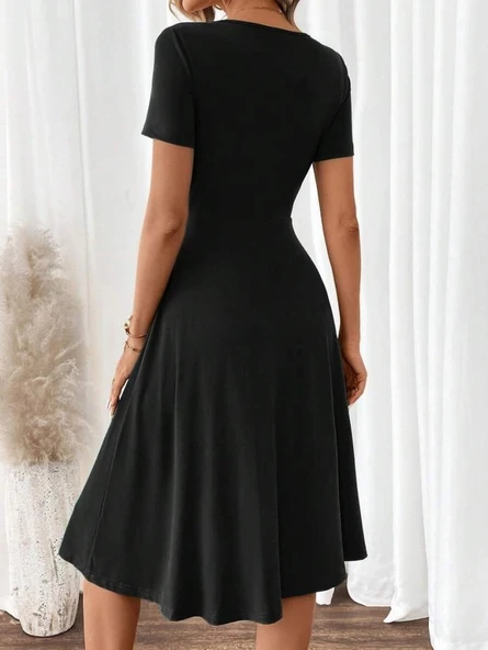 Kadın Kısa Kollu V Yakalı önden Düğmeli A Kesim Dokuma Elbise - Resim 3